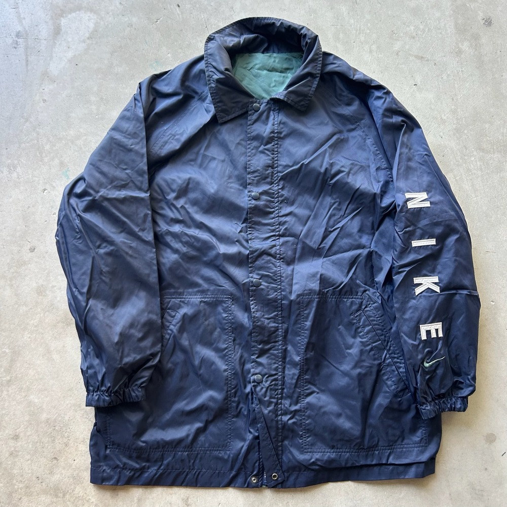 Nike Vintage Coaches Jacket Navy Blue Quilted Lined Longline Windbreaker XL